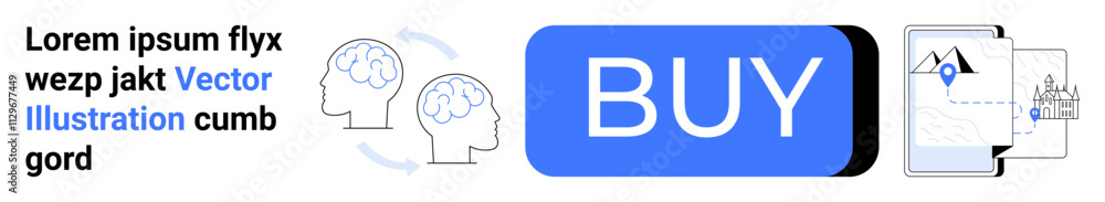 Two human heads with brains, a blue BUY button, and an electronic document with a location pin near a map. Ideal for concepts thumbs up ecommerce, digital transactions, online purchase, user Two human heads with brains, a blue BUY button, and an electronic document with a location pin near a map. Ideal for concepts thumbs up ecommerce, digital transactions, online purchase, user