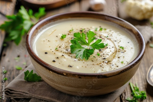 Cauliflower cream soup with black pepper and parsley