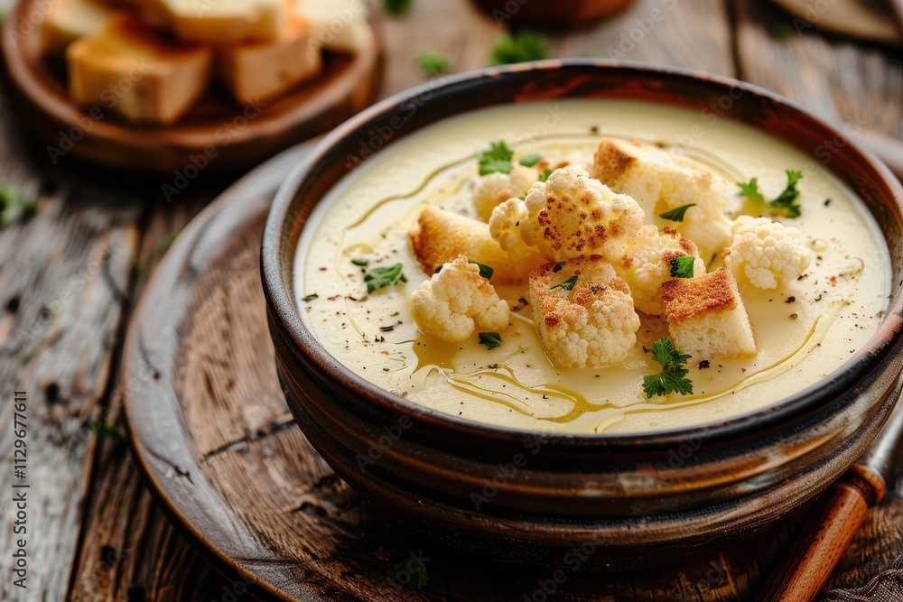 Cauliflower cream soup with crouton Focus on select ingredients Cauliflower cream soup with crouton Focus on select ingredients