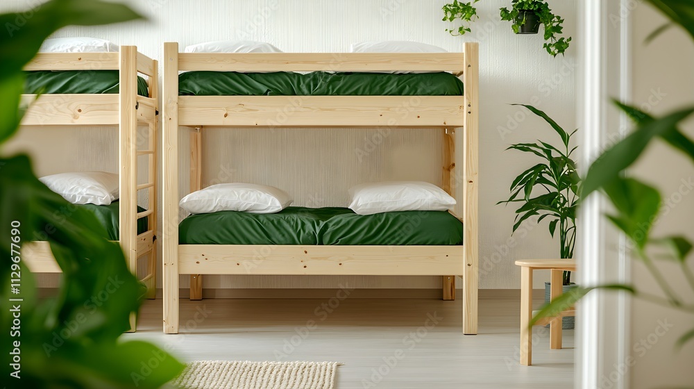 Eco-friendly hostel dormitory featuring wooden bunk beds, sustainable materials, indoor plants, and natural lighting, creating a peaceful environment Eco-friendly hostel dormitory featuring wooden bunk beds, sustainable materials, indoor plants, and natural lighting, creating a peaceful environment