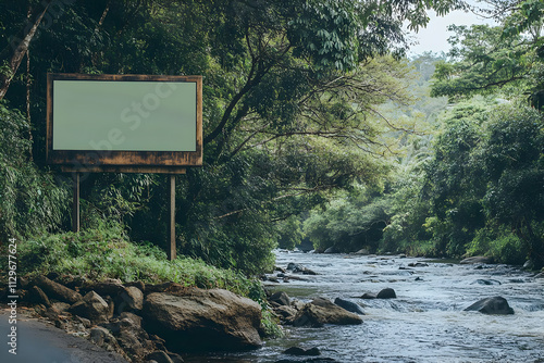 Billboard mockup - A serene river scene with a blank billboard surrounded by lush greenery. photo