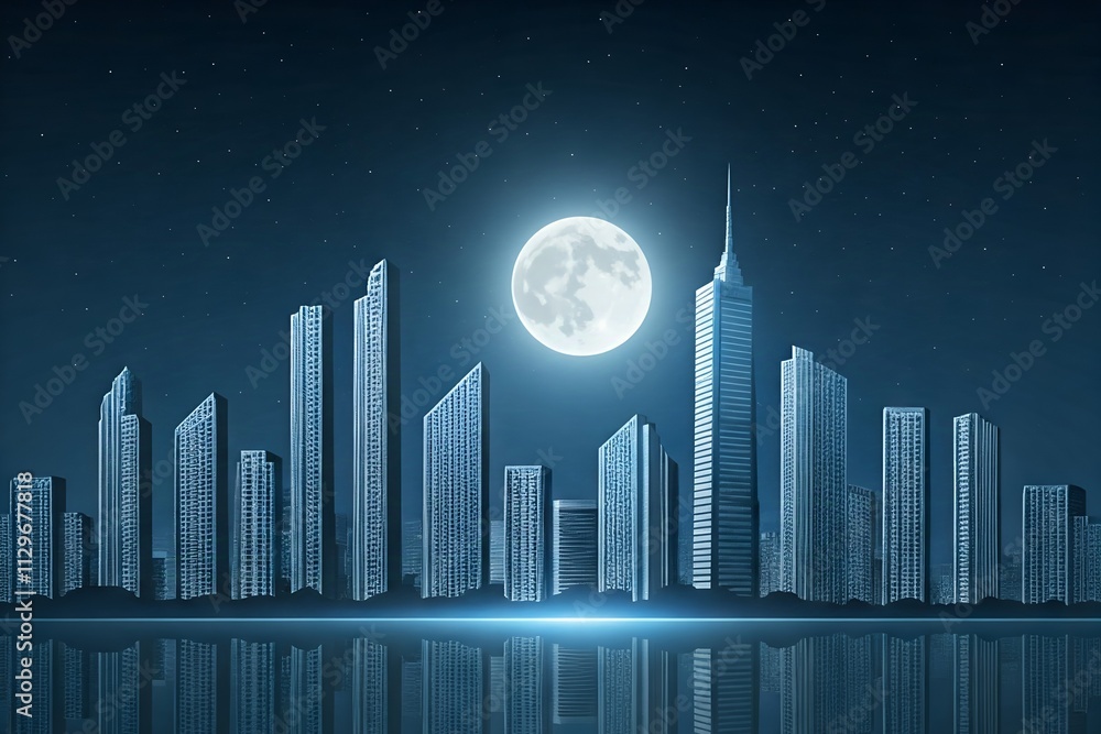 Moonlit cityscape with skyscrapers and their reflections on water. Moonlit cityscape with skyscrapers and their reflections on water.
