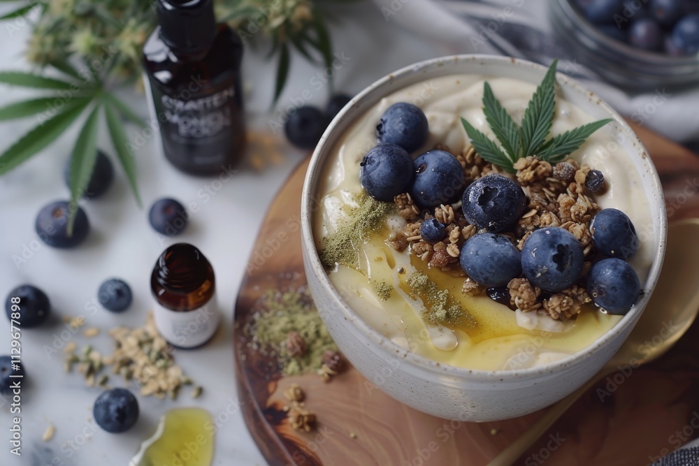CBD infused granola bowl with blueberry yogurt and CBD smoothie for a relaxing summer breakfast Enhance morning routine with CBD oil for wellness bo CBD infused granola bowl with blueberry yogurt and CBD smoothie for a relaxing summer breakfast Enhance morning routine with CBD oil for wellness bo