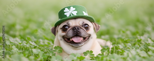 Advertising banner with a pug in a green leprechaun hat on a green background with clover and space for text. St. Patrick's Day. Greeting card with a festive background, invitation photo