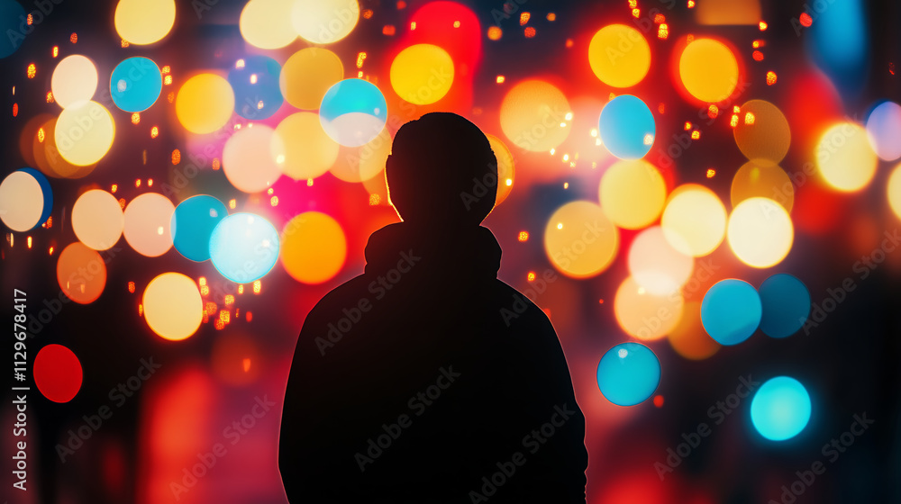 Silhouette of a person against vibrant bokeh lights in a city at night
Silhouette of a person against vibrant bokeh lights in a city at night