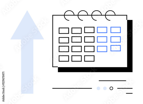 Desk calendar with multiple dates highlighted, large upward arrow on left. Ideal for time management, project planning, business growth, scheduling, productivity, goal setting, organization. Line