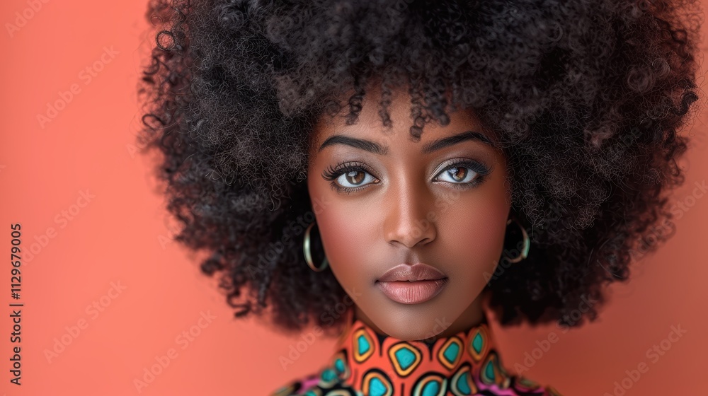 Portrait of a Young Woman with Natural Curly Hair and Hoop Earrings, Standing Against a Vibrant Orange Background, Wearing a Colorful Patterned Top, Staring Intently at the Viewer Portrait of a Young Woman with Natural Curly Hair and Hoop Earrings, Standing Against a Vibrant Orange Background, Wearing a Colorful Patterned Top, Staring Intently at the Viewer