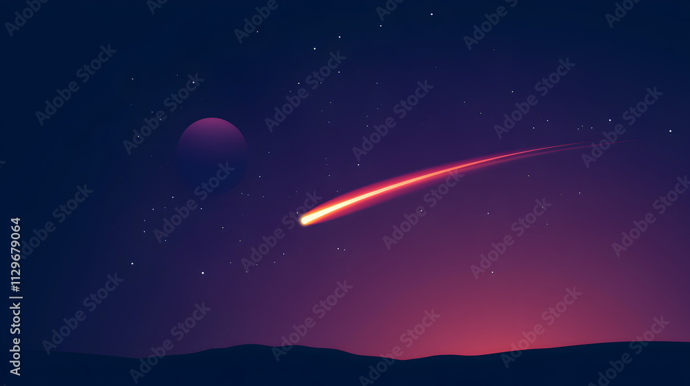 A vector of a comet in space with a glowing tail, represented in clean lines and basic shapes. Comet with tail illustration. A vector of a comet in space with a glowing tail, represented in clean lines and basic shapes. Comet with tail illustration.