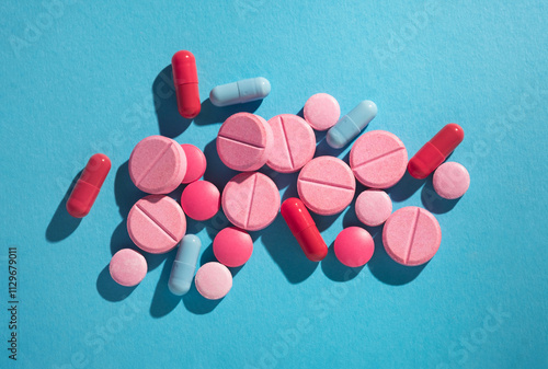 Assorted colorful pills and capsules on a blue background photo