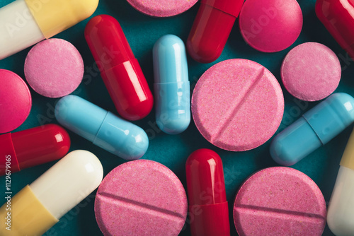 Assorted colorful pills and capsules on a teal background photo