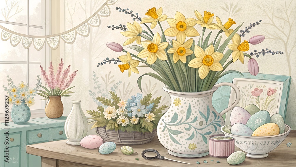 still life with tulips and easter eggs