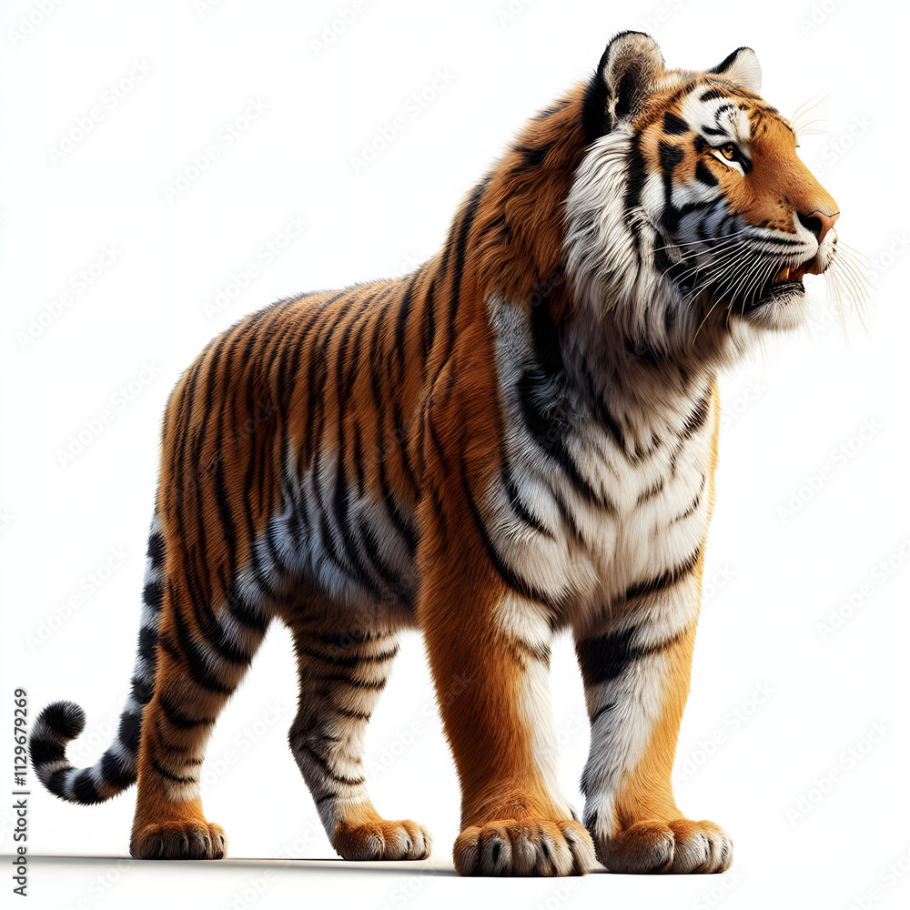 Obraz premium Tiger isolated on a white background, Side view, tiger standing full HD image generated by Ai. full body, realistic, full detail looking at the camera.
