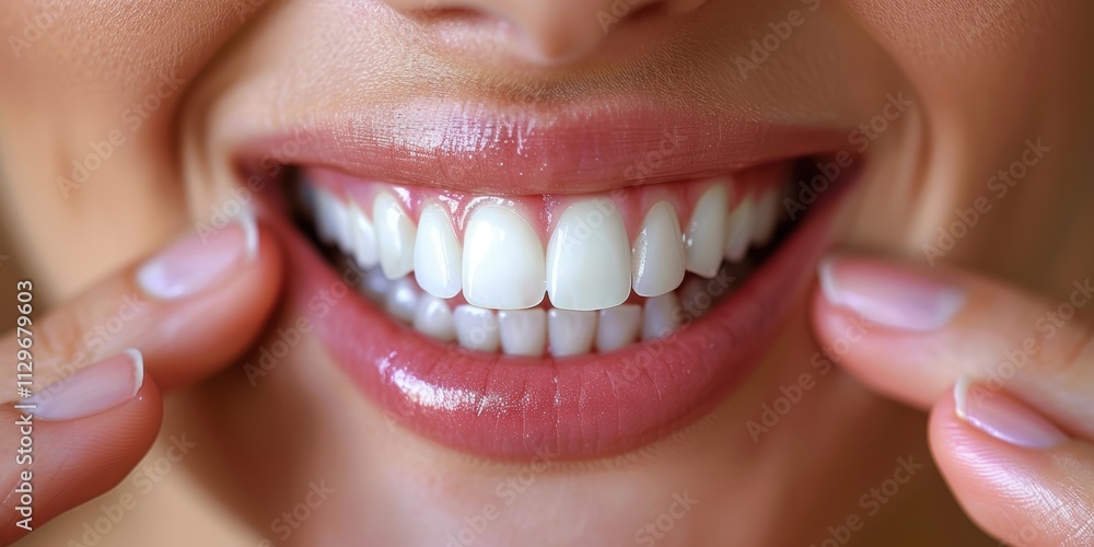 Fototapeta premium Close-up of a Smiling Person Displaying Perfectly White Teeth with Hands Gently Touching Cheeks, Illuminated by Natural Light and Surrounded by a Warm, Positive Atmosphere