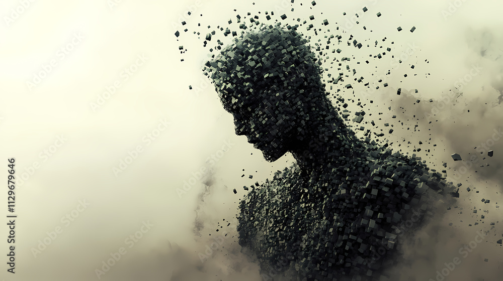Surreal art of a fragmented human figure composed of small cubes dissolving into the atmosphere, representing disintegration and abstract thought. Paradox. Illustration Surreal art of a fragmented human figure composed of small cubes dissolving into the atmosphere, representing disintegration and abstract thought. Paradox. Illustration