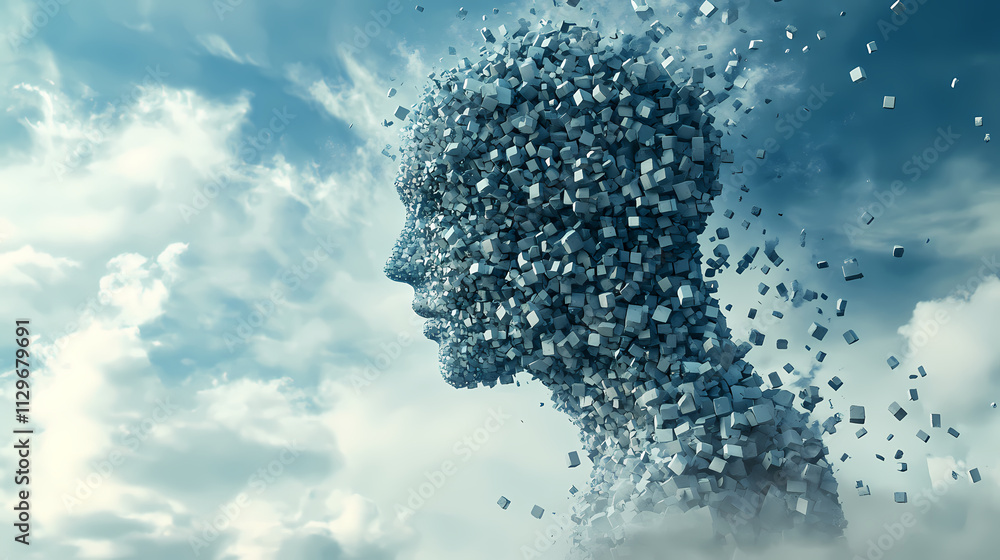 Surreal art of a fragmented human figure composed of small cubes dissolving into the atmosphere, representing disintegration and abstract thought. Paradox. Illustration Surreal art of a fragmented human figure composed of small cubes dissolving into the atmosphere, representing disintegration and abstract thought. Paradox. Illustration