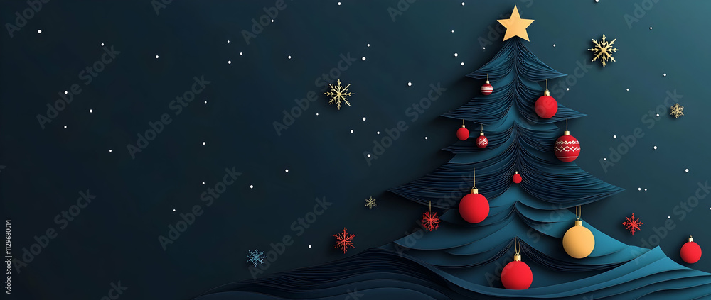Minimalist paper-cut Christmas tree with ornaments, featuring a 3D silhouette effect for a festive greeting card, AI Generated Minimalist paper-cut Christmas tree with ornaments, featuring a 3D silhouette effect for a festive greeting card, AI Generated