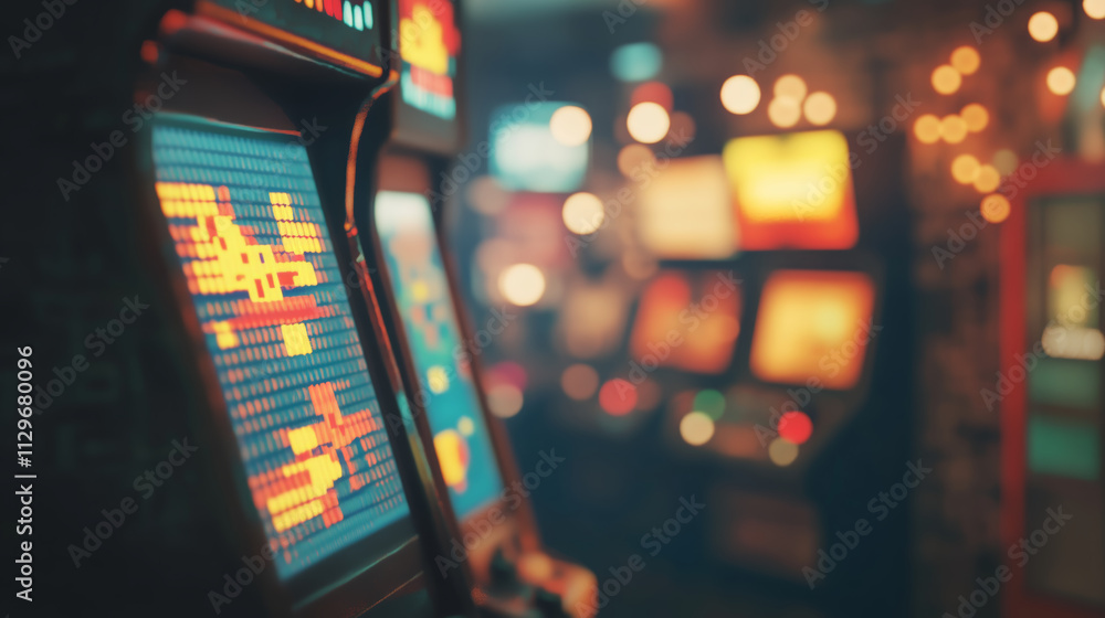 Naklejka premium Retro arcade gaming machines with glowing pixel displays 