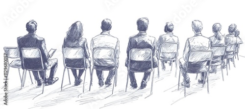 A hand-drawn illustration of an audience sitting in chairs, seen from the side The people have their backs to each other and appear focused on what is being thought or put into writing,


 photo