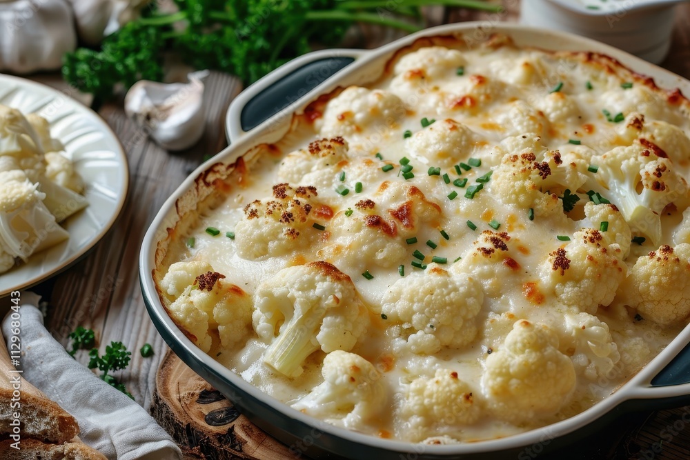 Cheesy milk sauce on cauliflower casserole in baking dish on wooden table Cheesy milk sauce on cauliflower casserole in baking dish on wooden table