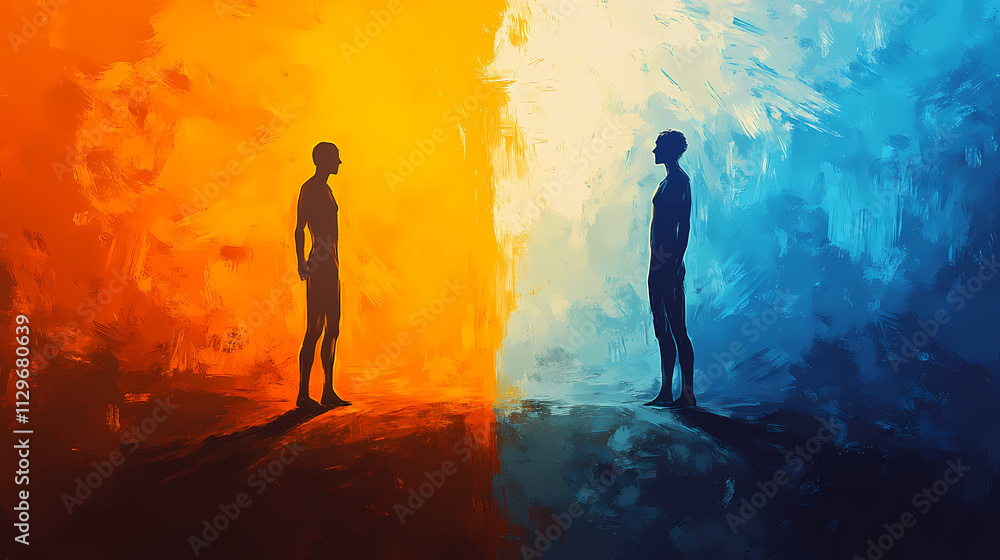Two human figures standing on opposite sides of the color orange and blue, encounter opposites, between opposing forces light versus dark, good versus evil. Paradox. Illustration Two human figures standing on opposite sides of the color orange and blue, encounter opposites, between opposing forces light versus dark, good versus evil. Paradox. Illustration