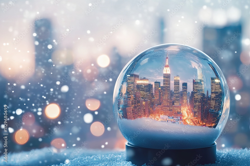 Snow globe capturing a winter cityscape with shimmering lights and snowflakes falling in a festive atmosphere. Generative AI Snow globe capturing a winter cityscape with shimmering lights and snowflakes falling in a festive atmosphere. Generative AI