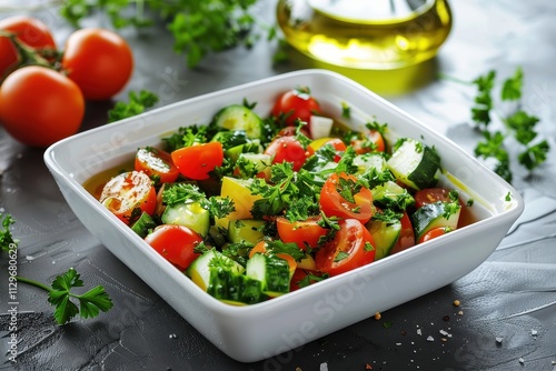 Cherry tomatoes taboule and olive oil in a white bowl filled with vegetables