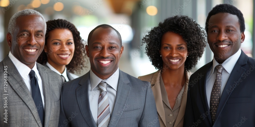 A group of five professionals smiling and standing closely together in a modern office corridor, showcasing unity and diversity in the workplace environment A group of five professionals smiling and standing closely together in a modern office corridor, showcasing unity and diversity in the workplace environment