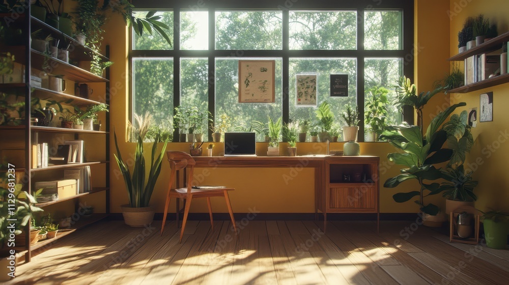 Sunlit Home Office Filled With Lush Green Plants Sunlit Home Office Filled With Lush Green Plants