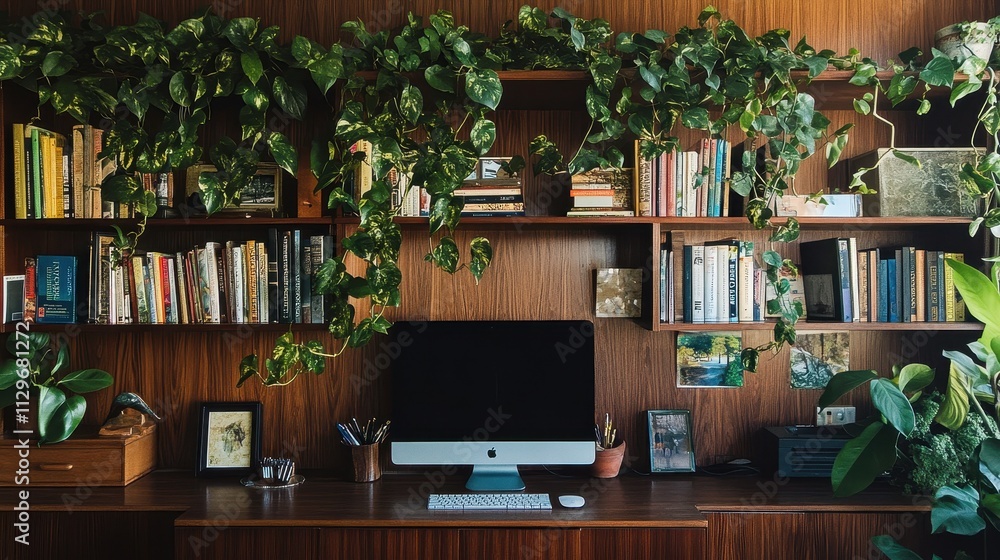 Lush Greenery Adorns a Modern Home Office Workspace Lush Greenery Adorns a Modern Home Office Workspace