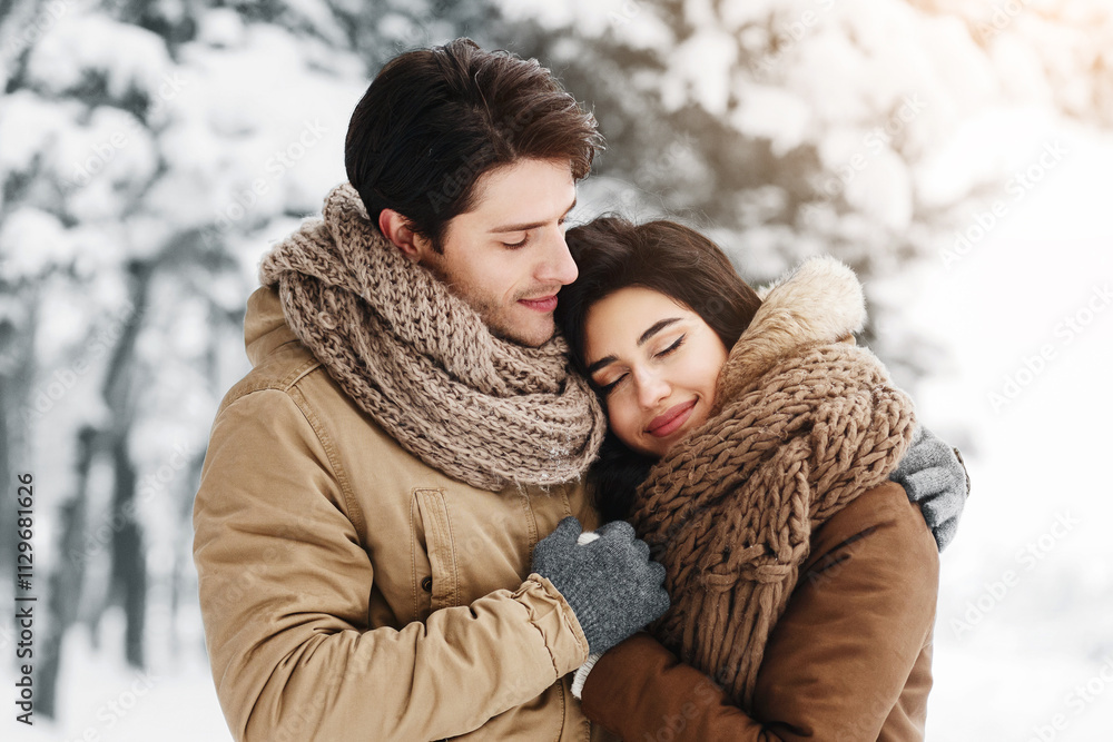 Peaceful Couple Of Lovers Embracing Standing In Snowy Winter Forest In The Morning. Winter Date Concept. Peaceful Couple Of Lovers Embracing Standing In Snowy Winter Forest In The Morning. Winter Date Concept.