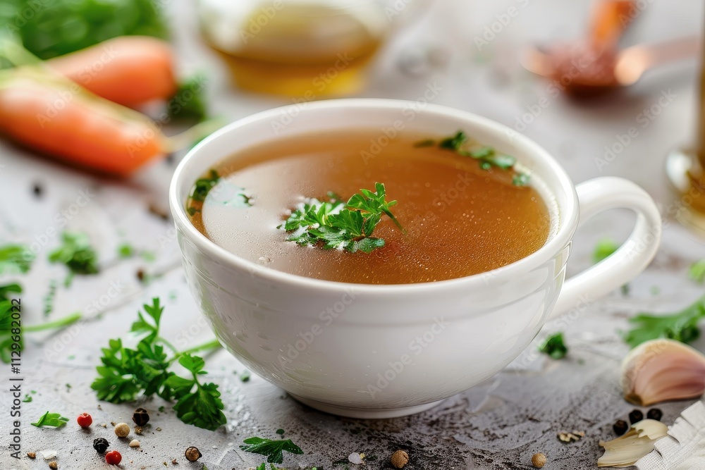 Chicken bone broth in a white bowl on a table Chicken bone broth in a white bowl on a table