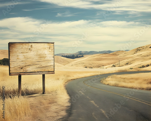 Billboard mockup - A winding road leads through golden fields with a blank billboard in the foreground. photo