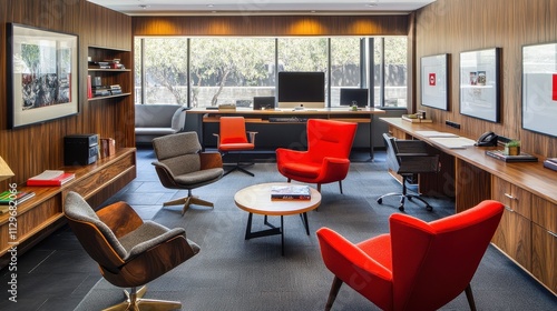 Modern Office Space With Wood Paneling and Comfortable Seating