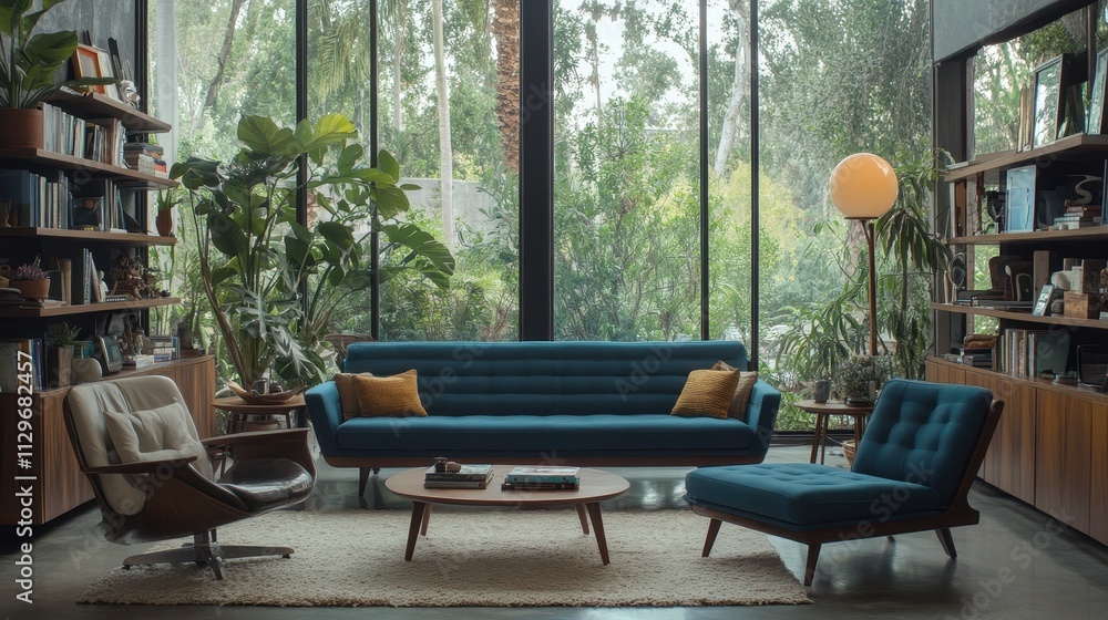 Fototapeta premium Modern Living Room Featuring Teal Sofa and Mid Century Modern Furniture