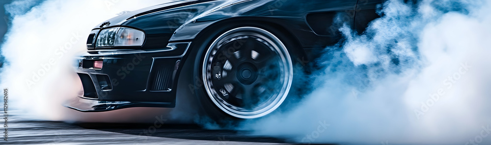 Close-up of a black car performing a drift, with wheels spinning in a cloud of smoke - Close-up of a black car performing a drift, with wheels spinning in a cloud of smoke -