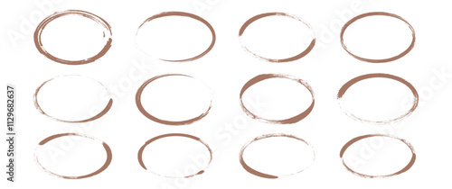 Pen line oval mocha mousse colour, round sketch doodle, pencil charcoal marker, brush ellipse scribble, circular grunge frame, outline paint bubble, text element, freehand ring. Vector illustration