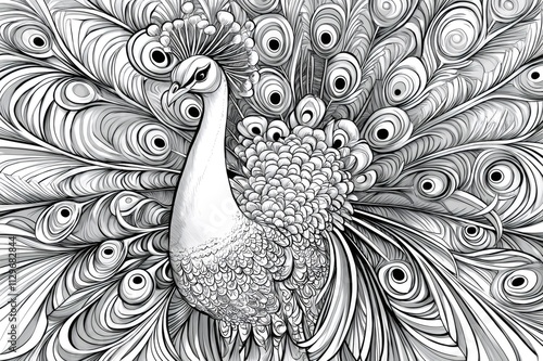 Stunning peacock displays its fully spread feathers, showcasing the intricate details and patterns in a striking black and white illustration