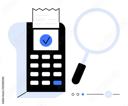 Receipt printer with printed document and magnifying glass highlighting financial verification. Ideal for financial analytics, accounting services, transaction audits, expense tracking, bookkeeping