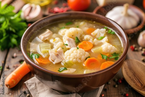 Chicken soup with cauliflower and vegetables in a bowl on a wooden table