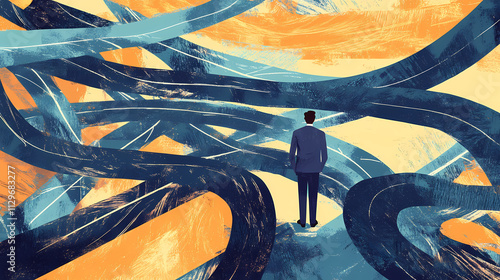 Make a decision on career path or business growth, choosing multiple choices, paradox of choice concept, confused businessman making a decision on multiple routes. Paradox. Illustration