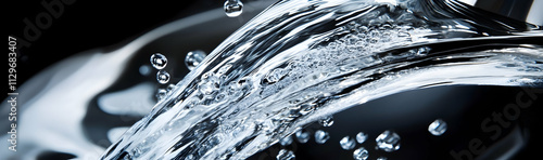 Close-up of water flowing from a chrome faucet, with crystal-clear water streaming from a modern tap  -