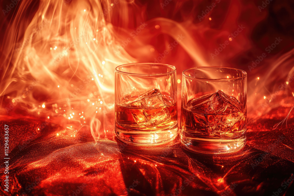 Warm amber drinks in two glasses surrounded by glowing flames and smoke Warm amber drinks in two glasses surrounded by glowing flames and smoke