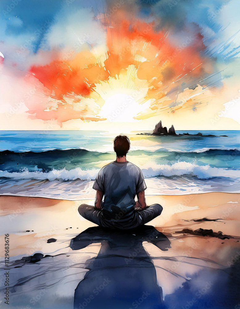 A serene figure meditates at sunset, surrounded by vibrant skies and crashing waves A serene figure meditates at sunset, surrounded by vibrant skies and crashing waves