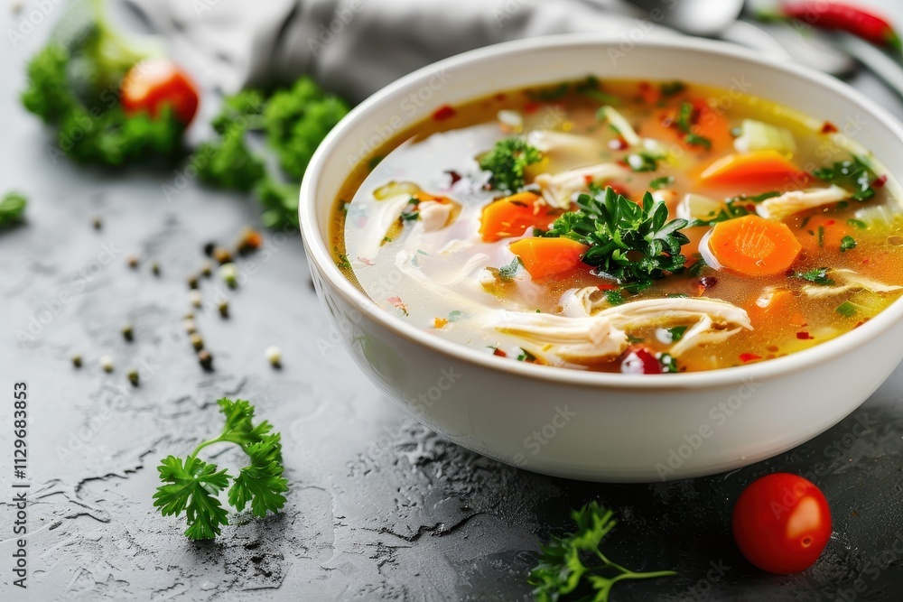 Chicken soup with vegetables in white bowl on grey stone background Close up shot Chicken soup with vegetables in white bowl on grey stone background Close up shot