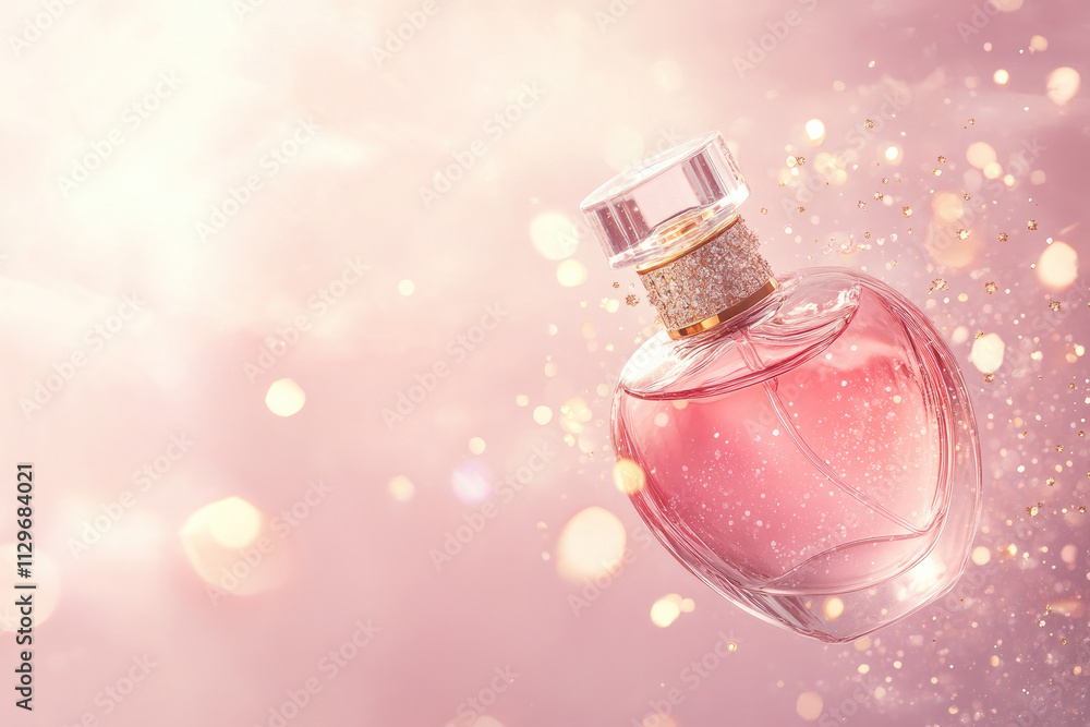 Captivating glass perfume bottle floating in sparkling light Captivating glass perfume bottle floating in sparkling light