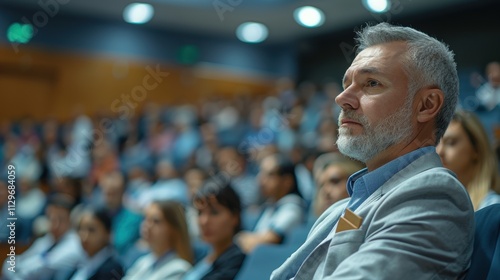 Wallpaper Mural Side Profile of a Mature Man with Gray Hair Attentively Listening to a Speaker in a Conference Room Filled with an Engaged Audience During a Public Event Torontodigital.ca