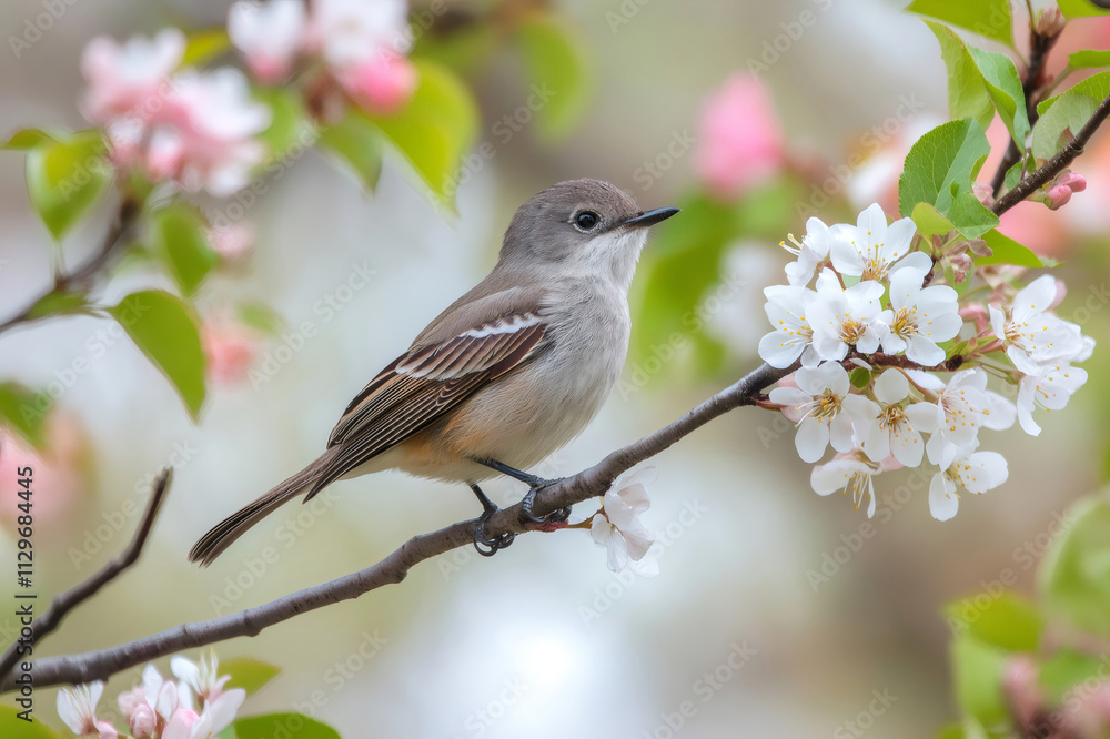 Small songbird perched gracefully on a blossoming tree branch, relishing the vibrant colors of spring's delicate flowers Small songbird perched gracefully on a blossoming tree branch, relishing the vibrant colors of spring's delicate flowers