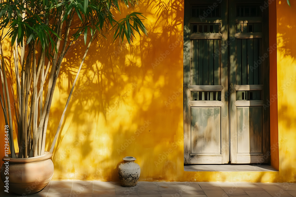 Fototapeta premium Sunlit Tropical Entrance with Bamboo and Rustic Door