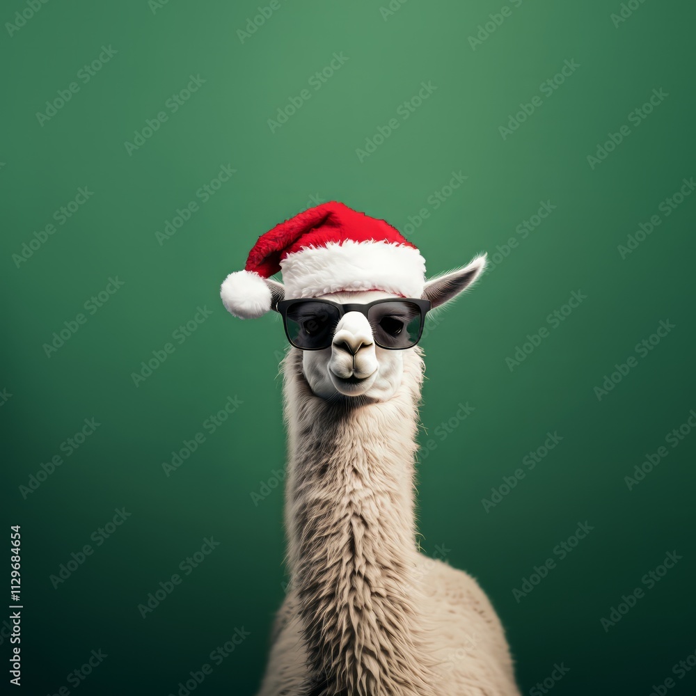 Fototapeta premium Photo of a cute, funny Llama wearing a Santa hat and sunglasses on a white background, with a banner that has a copy space area for a Christmas or New Year's social media post - Generative AI 