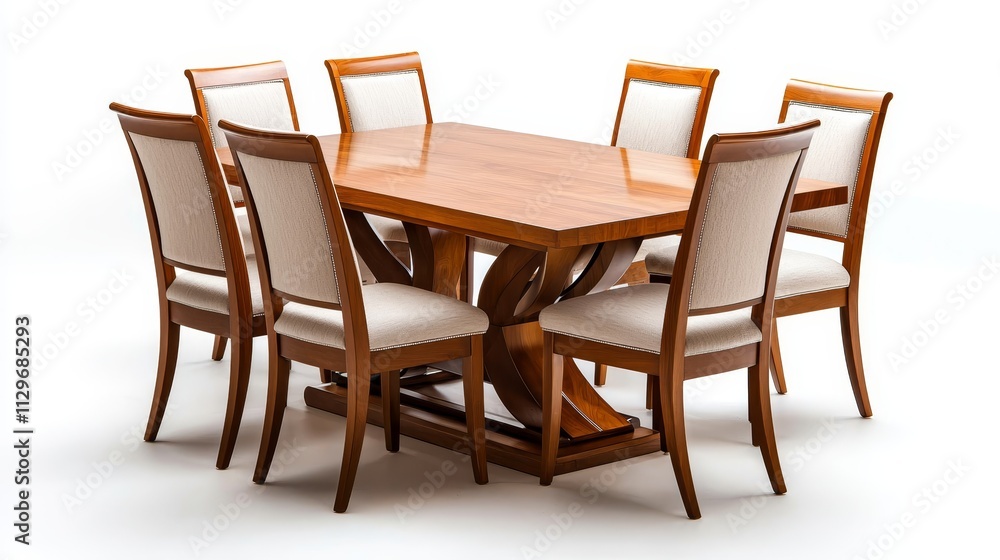 Contemporary dining set with rectangular table, walnut finish, upholstered chairs, dynamic composition, isolated on white background Contemporary dining set with rectangular table, walnut finish, upholstered chairs, dynamic composition, isolated on white background